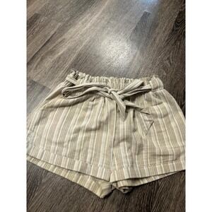 Sneak Peek Striped Paperbag Waist Shorts Beige White Tie Belt Size L